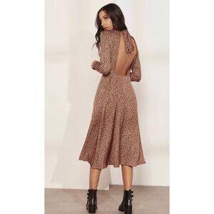 Free people leopard loveless long sleeve open back satin midi dress